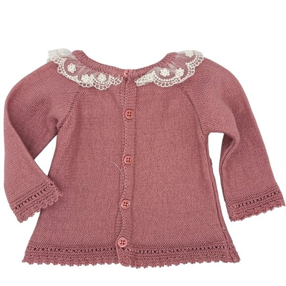 Paz Rodriguez Knit Cardigan Lace Collar 1M Pink Cotton Blend Spain - Picture 1 of 4